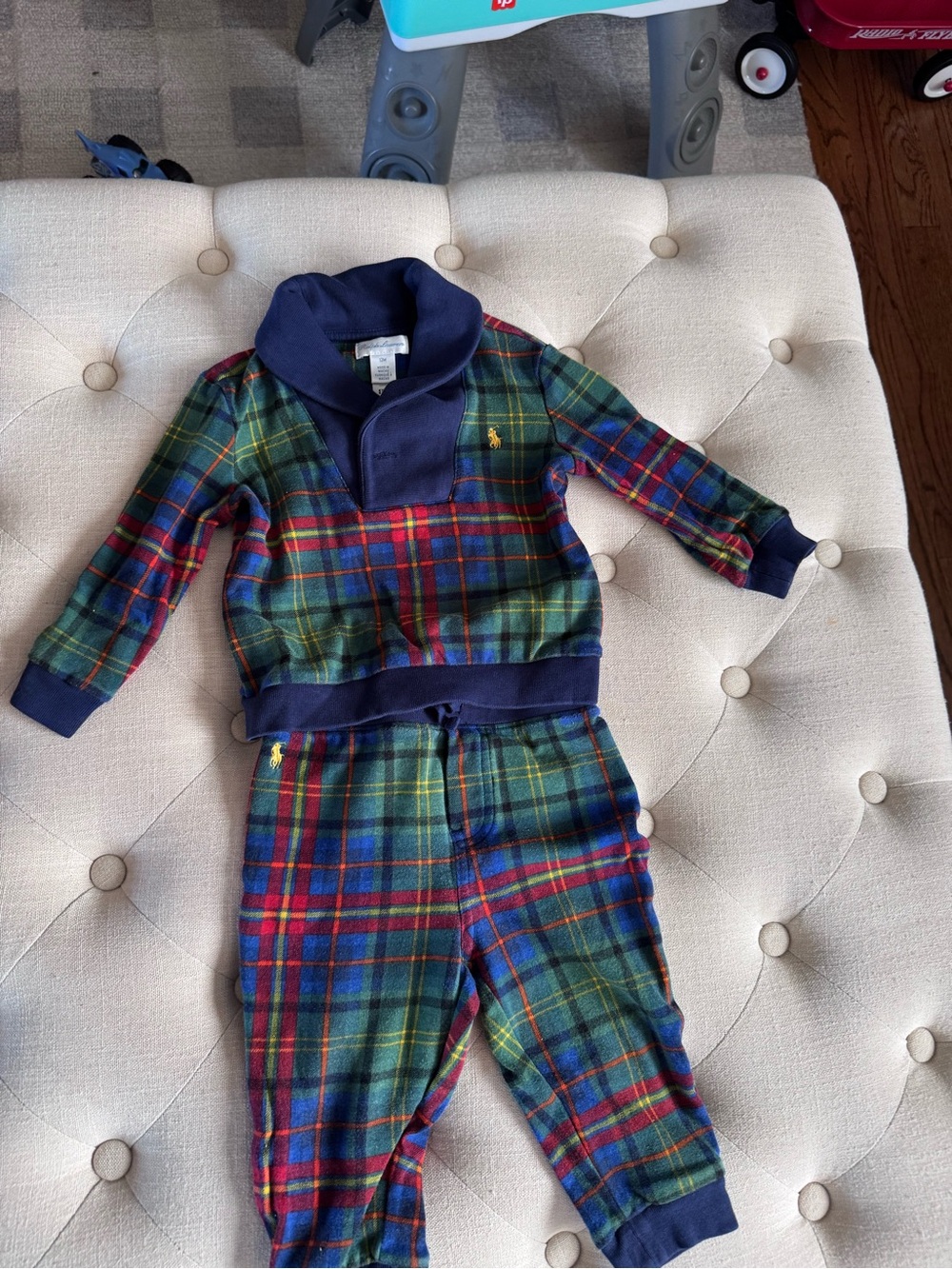 Ralph Lauren Green and Navy Plaid Two-Piece Pajama Set